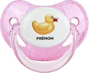 Jouet toys petit canard jaune avec prénom : Rose à paillette Tétine embout physiologique