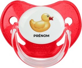 Jouet toys petit canard jaune avec prénom : Rouge à paillette Tétine embout physiologique