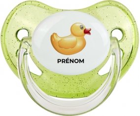 Jouet toys petit canard jaune avec prénom : Vert à paillette Tétine embout physiologique