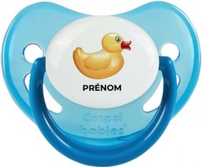 Jouet toys petit canard jaune avec prénom : Bleue phosphorescente Tétine embout physiologique