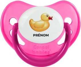 Jouet toys petit canard jaune avec prénom : Rose phosphorescente Tétine embout physiologique