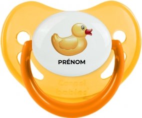 Jouet toys petit canard jaune avec prénom : Jaune phosphorescente Tétine embout physiologique