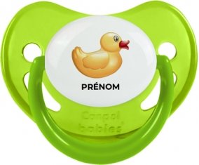 Jouet toys petit canard jaune avec prénom : Vert phosphorescente Tétine embout physiologique