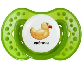 Jouet toys petit canard jaune avec prénom : Sucette LOVI Dynamic personnalisée