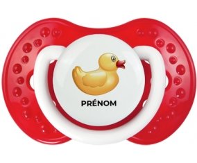 Jouet toys petit canard jaune avec prénom : Blanc-rouge classique Tétine embout Lovi Dynamic