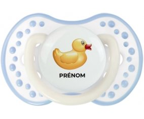 Jouet toys petit canard jaune avec prénom : Blanc-cyan classique Tétine embout Lovi Dynamic
