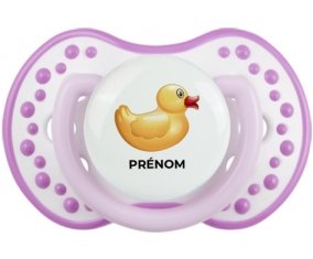 Jouet toys petit canard jaune avec prénom : Blanc-mauve classique Tétine embout Lovi Dynamic