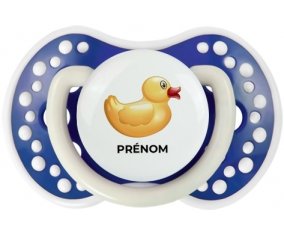Jouet toys petit canard jaune avec prénom : Bleu-marine phosphorescente Tétine embout Lovi Dynamic