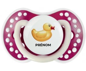 Jouet toys petit canard jaune avec prénom : Fuchsia phosphorescente Tétine embout Lovi Dynamic