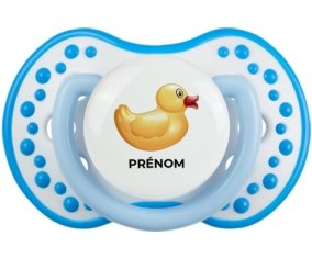 Jouet toys petit canard jaune avec prénom : Blanc-bleu phosphorescente Tétine embout Lovi Dynamic