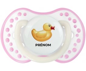 Jouet toys petit canard jaune avec prénom : Blanc-rose phosphorescente Tétine embout Lovi Dynamic