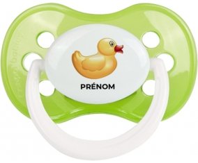 Jouet toys petit canard jaune avec prénom : Vert classique Tétine embout anatomique