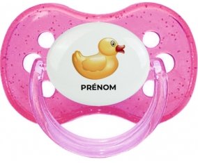 Jouet toys petit canard jaune avec prénom : Rose à paillette Tétine embout cerise