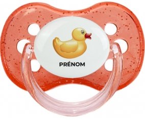 Jouet toys petit canard jaune avec prénom : Rouge à paillette Tétine embout cerise