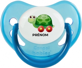 Jouet toys tortue avec roues avec prénom : Bleue phosphorescente Tétine embout physiologique