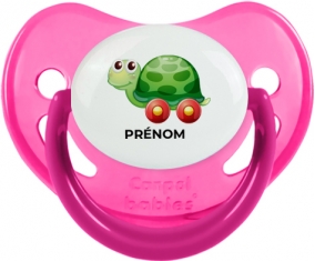 Jouet toys tortue avec roues avec prénom : Rose phosphorescente Tétine embout physiologique