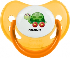 Jouet toys tortue avec roues avec prénom : Jaune phosphorescente Tétine embout physiologique