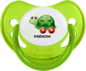 Jouet toys tortue avec roues avec prénom : Vert phosphorescente Tétine embout physiologique
