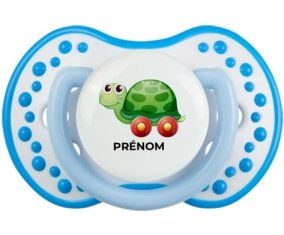 Jouet toys tortue avec roues avec prénom : Blanc-bleu phosphorescente Tétine embout Lovi Dynamic