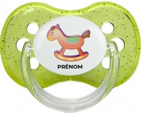 Jouet toys Cheval à bascule en bois avec prénom : Vert à paillette Tétine embout cerise