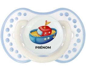 Jouet toys bateau design-4 avec prénom : Blanc-cyan classique Tétine embout Lovi Dynamic