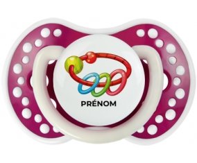 Jouet toys hochet avec prénom : Fuchsia phosphorescente Tétine embout Lovi Dynamic