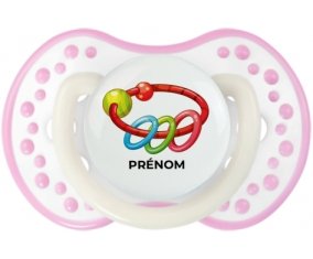 Jouet toys hochet avec prénom : Blanc-rose phosphorescente Tétine embout Lovi Dynamic