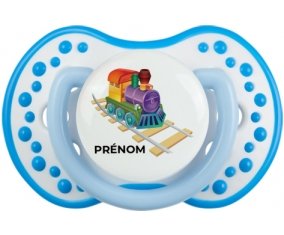 Jouet toys train design-2 avec prénom : Blanc-bleu phosphorescente Tétine embout Lovi Dynamic
