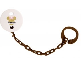 Attache-tétineDisney Minnie Oreilles dorées Nœud rose avec prénom couleur Marron
