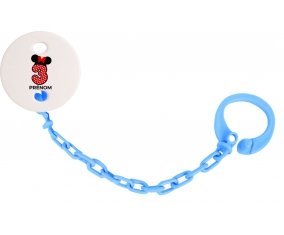 Attache-tétineDisney Minnie Numéro 3 rouge pois blancs papillon rouge avec prénom couleur Bleu turquoise