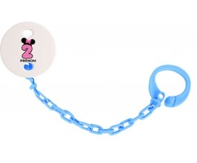 Attache-tétineDisney Minnie Numéro 2 rose pois blancs papillon rose avec prénom couleur Bleu turquoise
