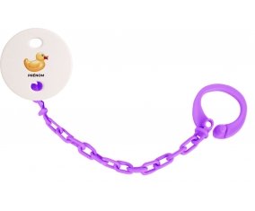 Attache-tétineJouet toys petit canard jaune avec prénom couleur Violet