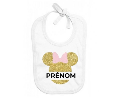 Bavoir bébé personnalisé Disney Minnie Oreilles dorées Nœud rose avec prénom