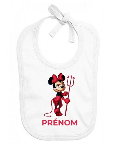 Bavoir Bebe Personnalise Disney Diablesse Minnie Oreilles Noires Nœud Rose Pois Blancs Avec Prenom En Coton