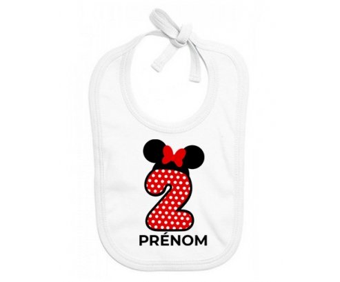 Bavoir bébé personnalisé Disney Minnie Numéro 2 rouge pois blancs papillon rouge avec prénom