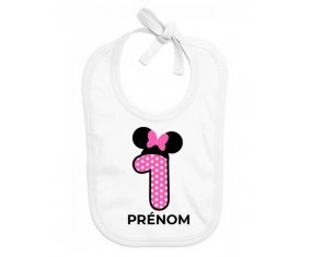 Bavoir bébé personnalisé Disney Minnie Numéro 1 rose pois blancs papillon rose avec prénom