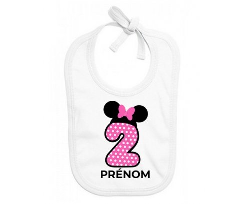 Bavoir bébé personnalisé Disney Minnie Numéro 2 rose pois blancs papillon rose avec prénom