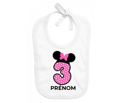 Bavoir bébé personnalisé Disney Minnie Numéro 3 rose pois blancs papillon rose avec prénom