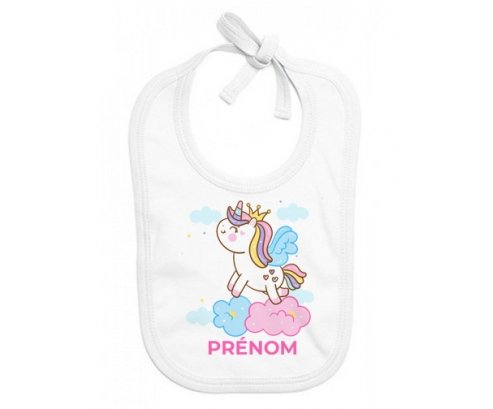 Bavoir bébé personnalisé Licorne avec couronne sur nuage avec prénom