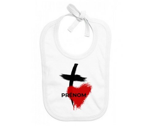 Bavoir bébé personnalisé Croix + cœur avec prénom