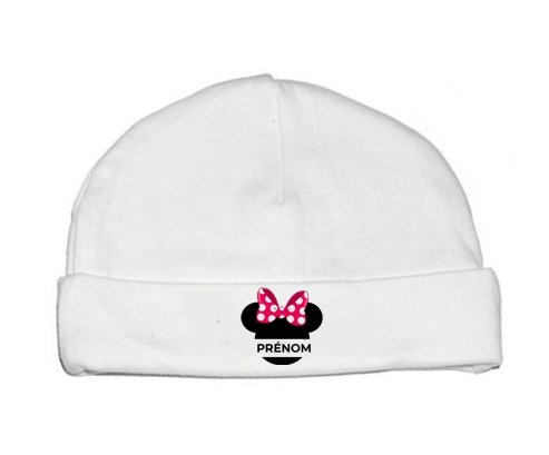 Bonnet bébé personnalisé Disney Minnie Nœud rose pois blancs avec prénom