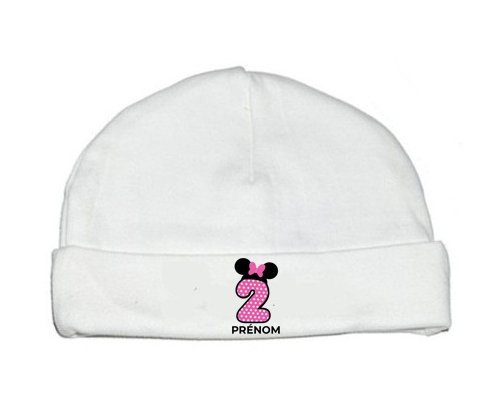 Bonnet bébé personnalisé Disney Minnie Numéro 2 rose pois blancs papillon rose avec prénom