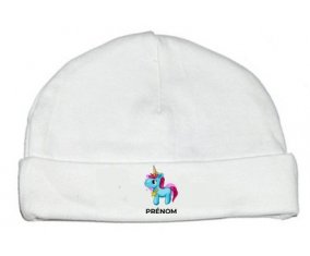 Licorne bleue rose avec prénom : Bonnet bébé