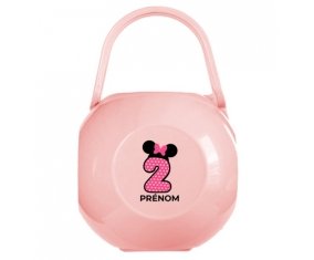 Boîte à tétine Disney Minnie Numéro 2 rose pois blancs papillon rose avec prénom