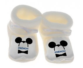 Chausson bébé Disney Mickey Oreilles noires Nœud papillon noir avec prénom de couleur Blanc