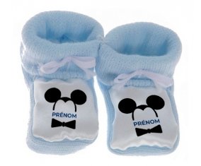 Chausson bébé Disney Mickey Oreilles noires Nœud papillon noir avec prénom de couleur Bleu