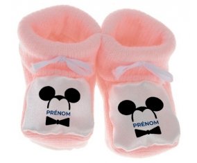 Chausson bébé Disney Mickey Oreilles noires Nœud papillon noir avec prénom de couleur Rose