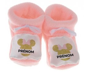 Chausson bébé Disney Minnie Oreilles dorées Nœud rose avec prénom de couleur Rose