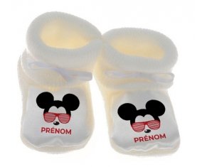 Chausson bébé Disney Mickey Oreilles noires lunette rouge avec prénom de couleur Blanc