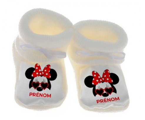 Chausson bébé Disney Minnie Nœud rouge pois blancs lunette rouge avec prénom